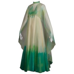 1970s Dan Lee for Lillie Rubin Vintage Hand Painted Chiffon Cape Maxi Dress Gown