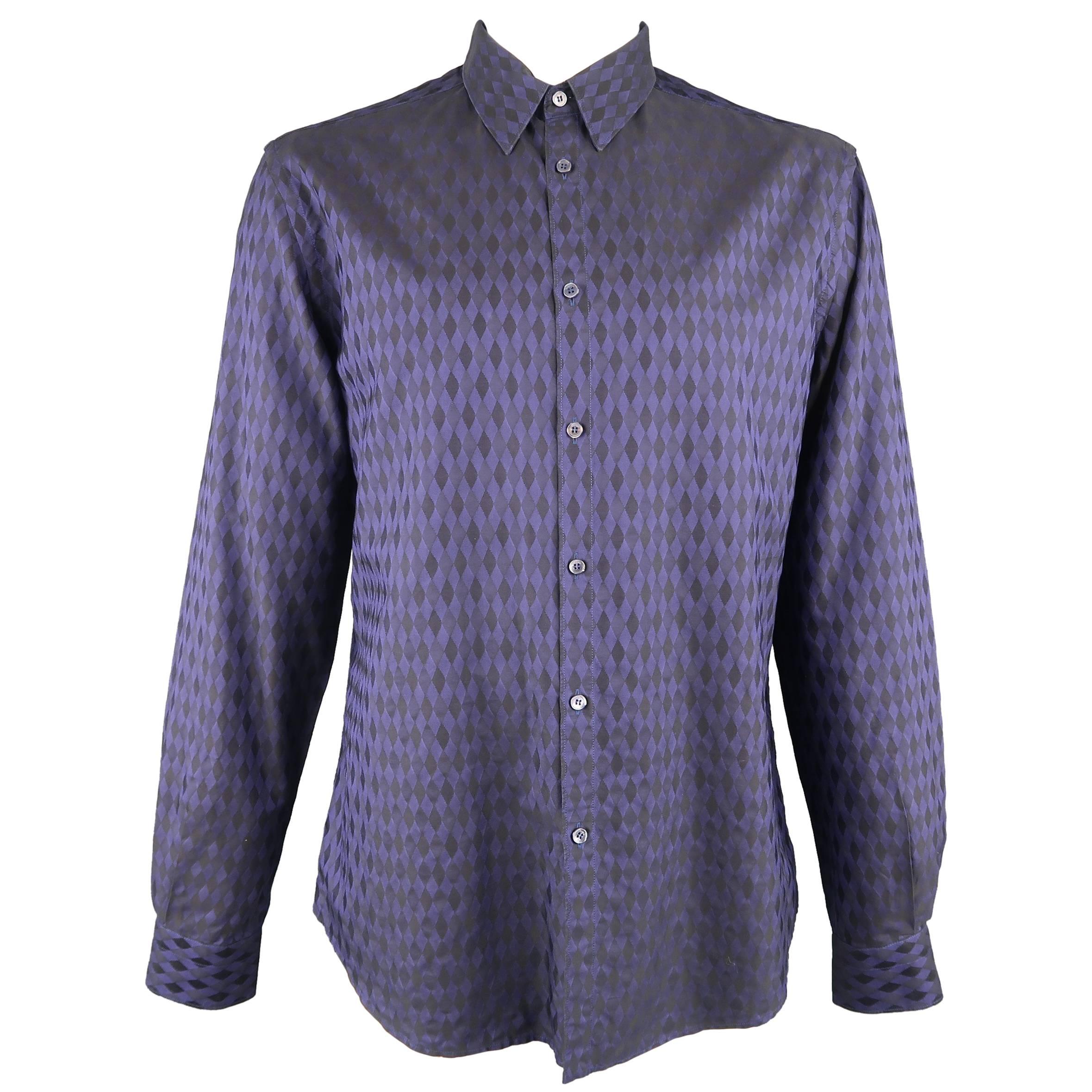 Versace Men's Indigo Purple Harlequin Diamond Checkered Cotton Long Sleeve Shirt