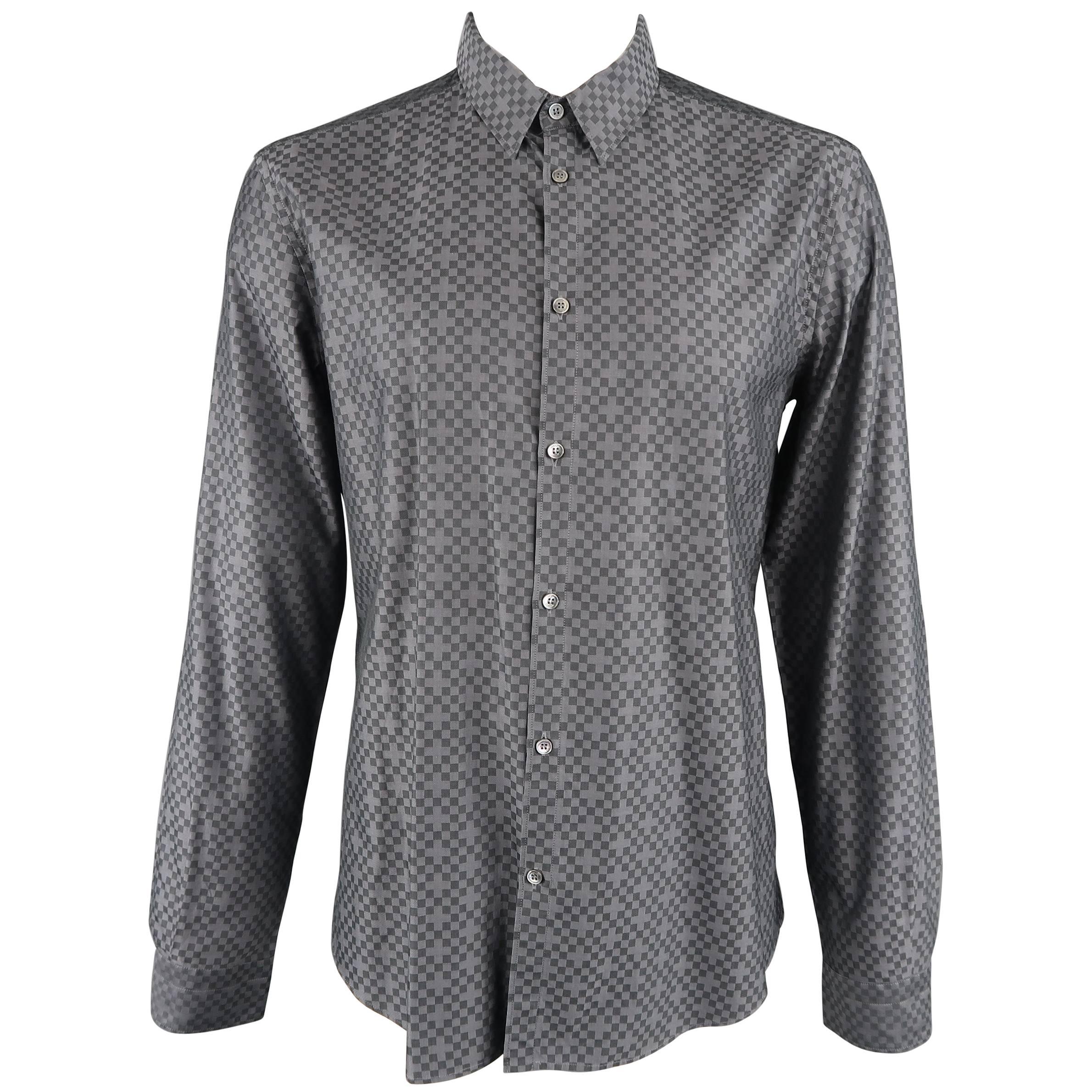 Versace Men's Gray Checkered Cross Pattern Cotton Long Sleeve Shirt