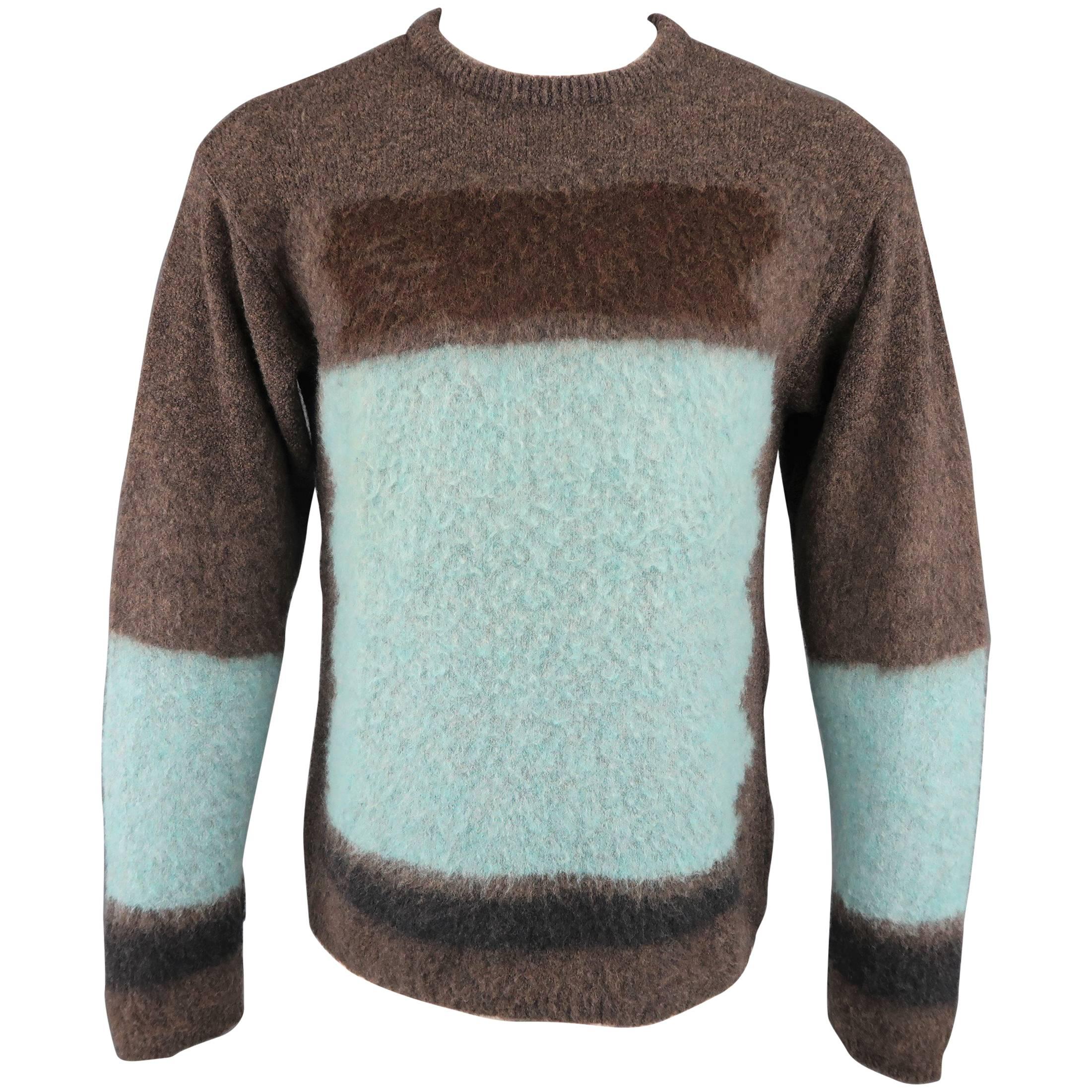 Gianni Versace Taupe and Aqua Blue Color Block Textured Pullover Sweater
