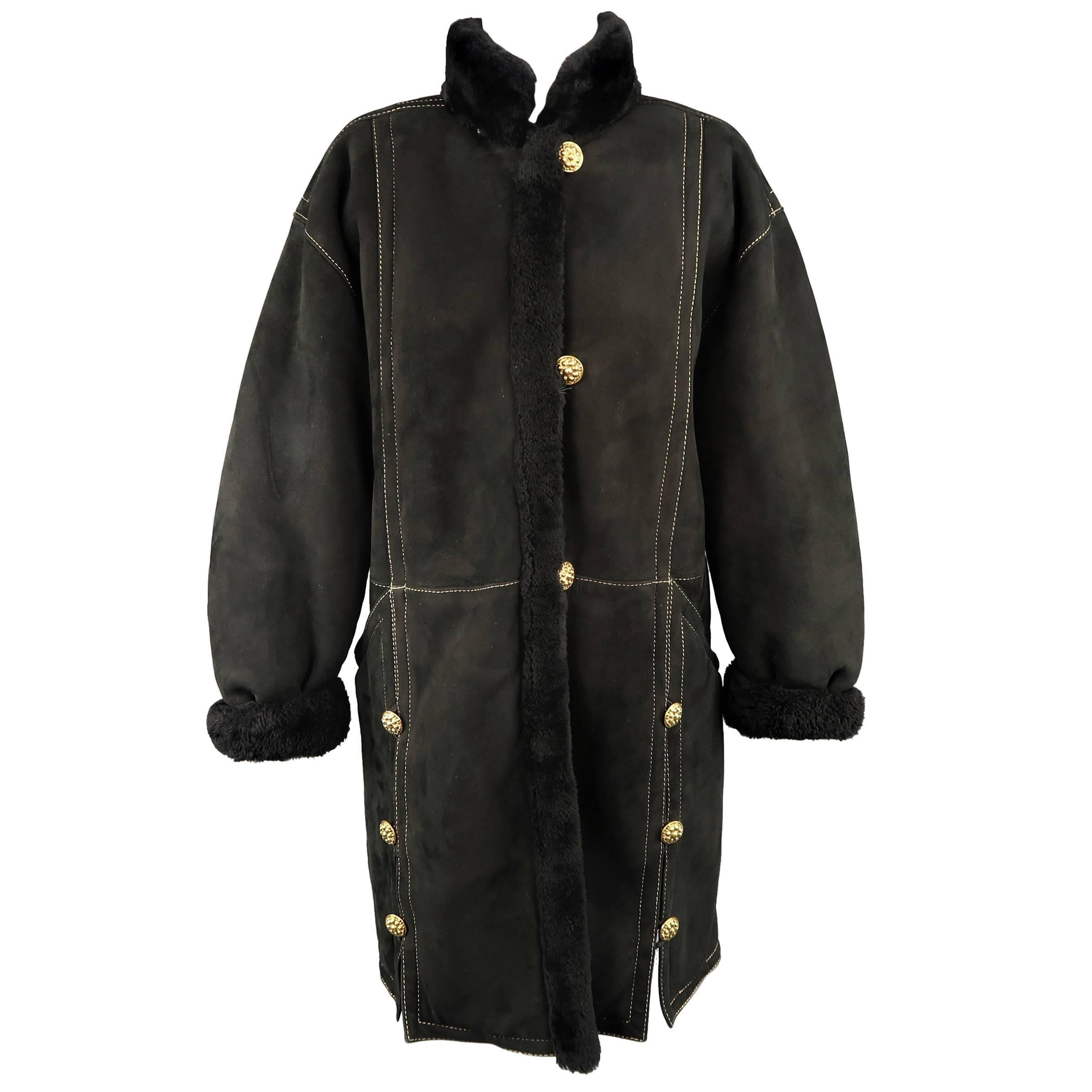 Yves Saint Laurent Coat - Vintage Black shearling Gold Hooded Jacket