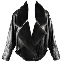 Manteau Gianni Versace - Col en cuir noir vintage en peau de mouton:: veste des années 80