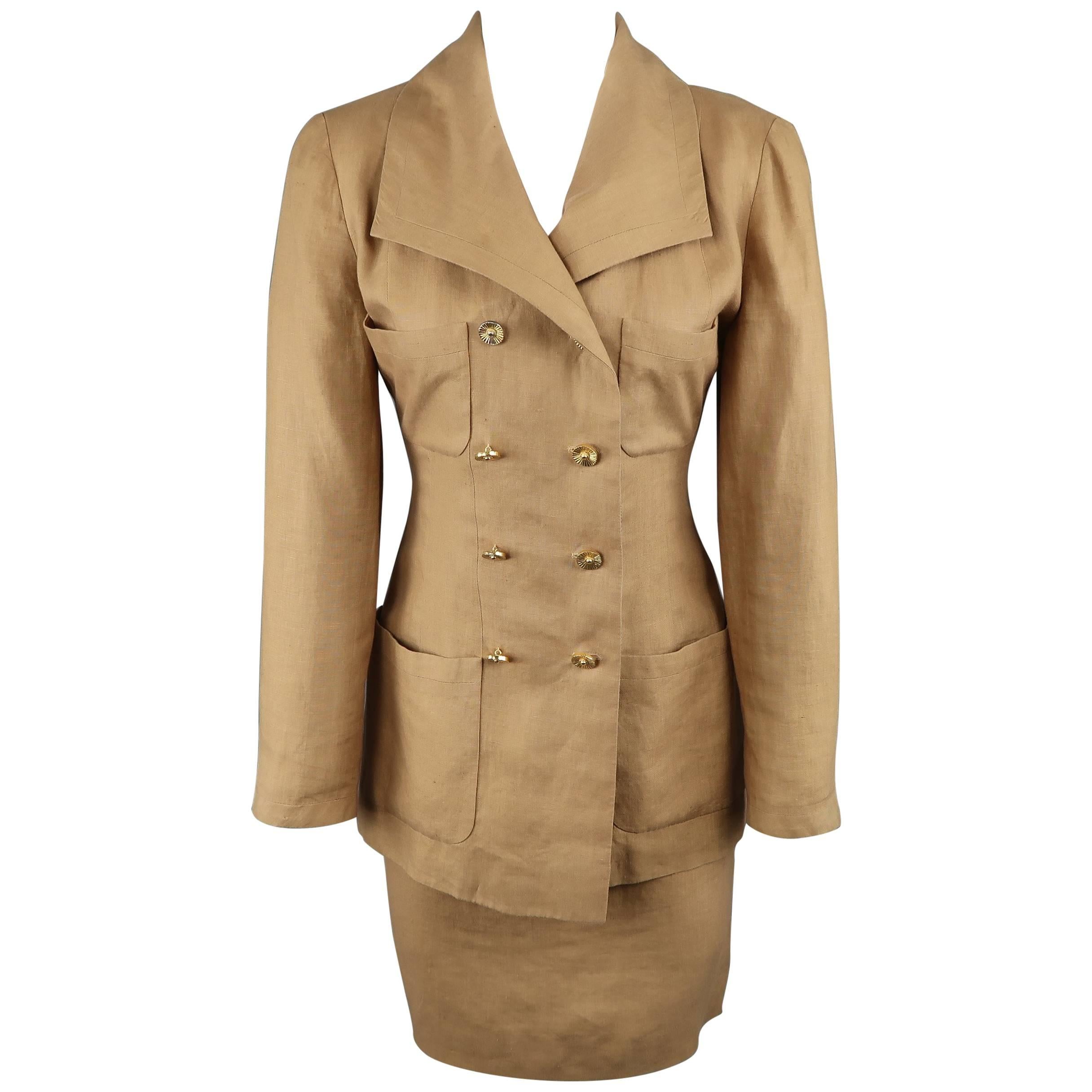 Chanel Skirt Suit - Vintage Tan Linen Double Breasted, 1990 