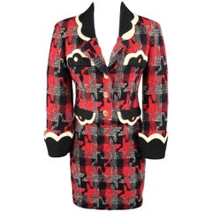 Moschino Red Houndstooth Wool Scalloped Trim Skirt Suit