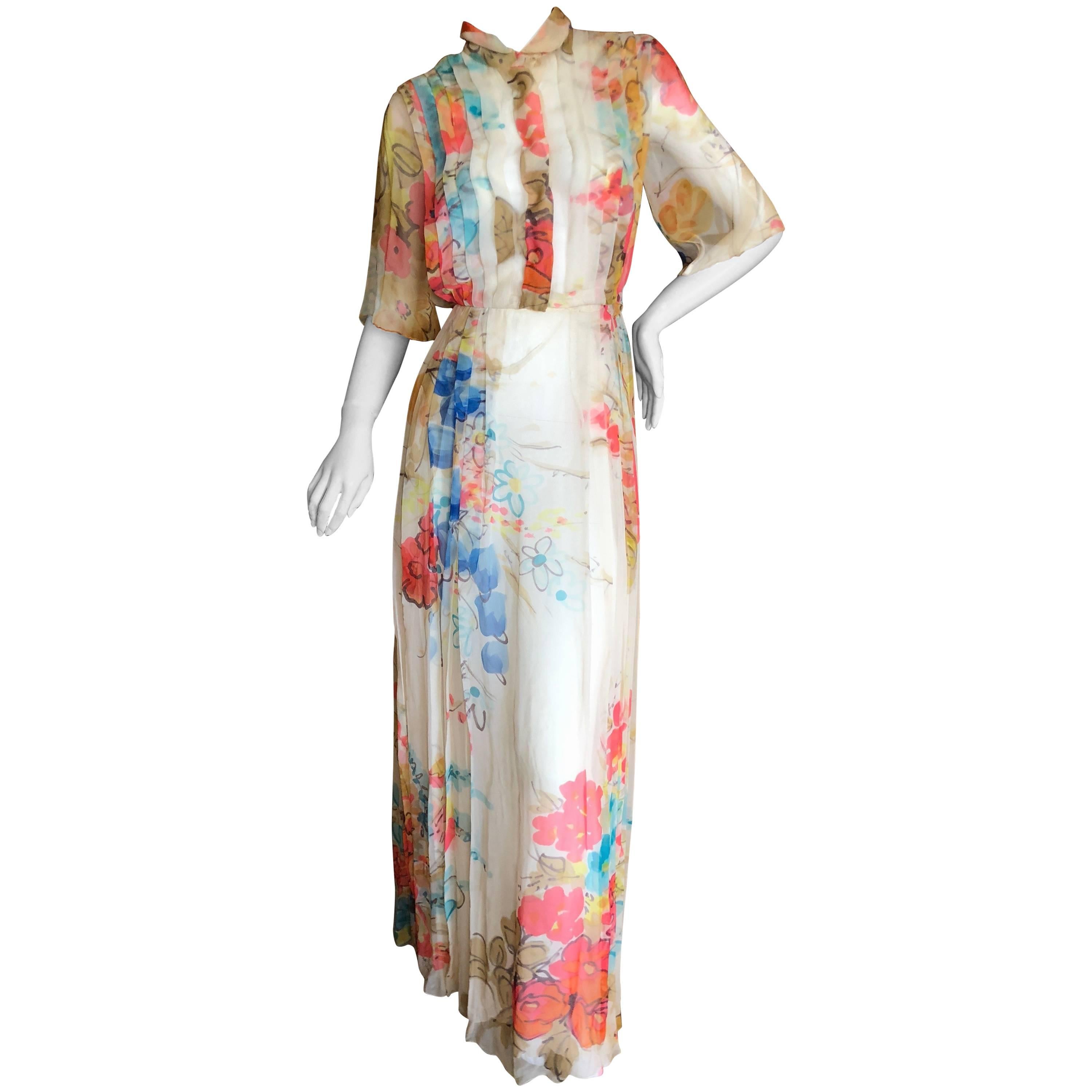 Cardinali Elegant Pleated Ivory Floral Silk Short Sleeve Evening Dress  For Sale