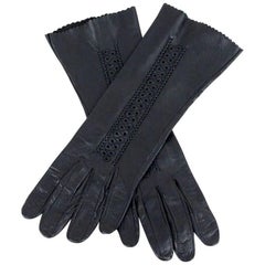 Vintage Smooth Black Leather Gloves with Cut Out Detailing and Ornamental Seams, 1960s