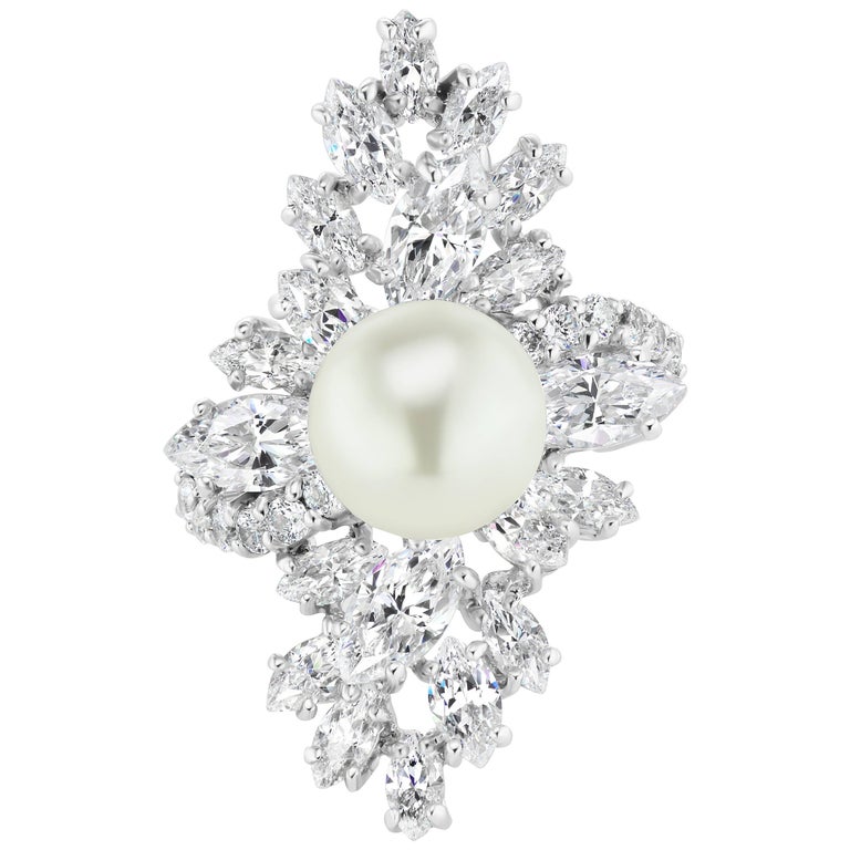 Cubic Zirconia Faux Pearl Freeform Cocktail Sterling Ring For Sale at