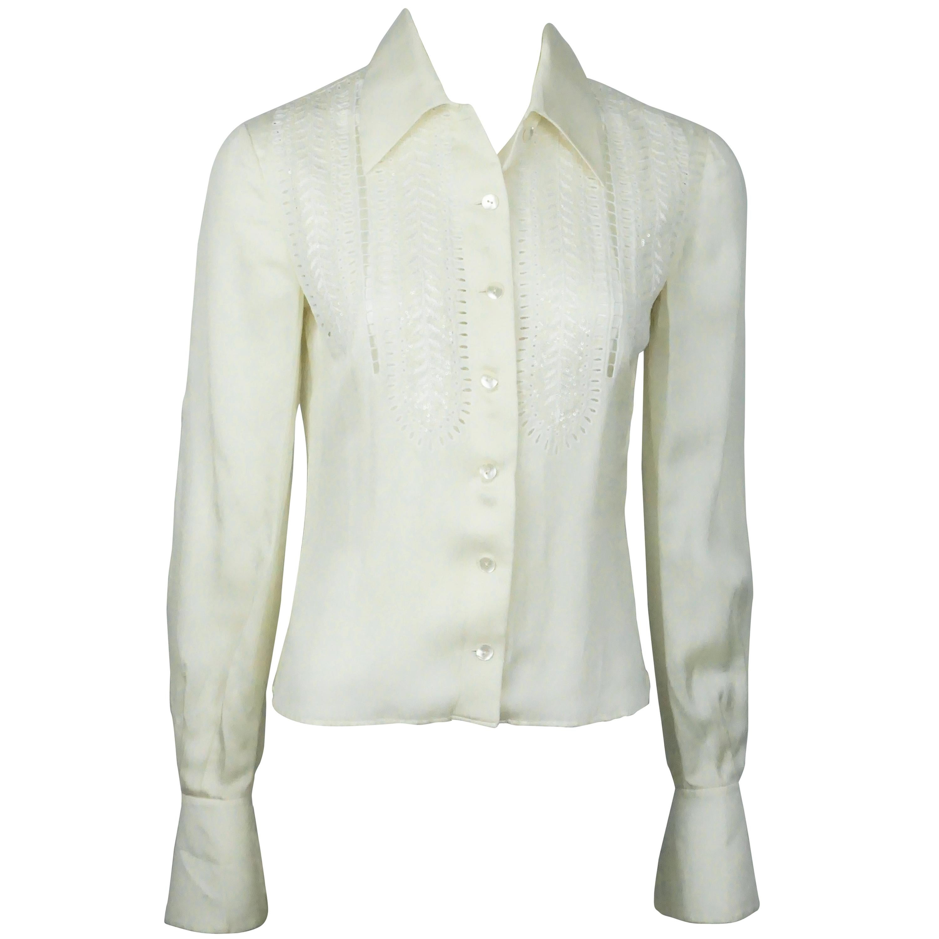 Valentino Ivory Silk Long Sleeve Top w/ Eyelet Detail - 4  For Sale