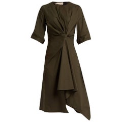 Marni Olive Green Cotton Knotted Dress with Asymetrical Hem - 8
