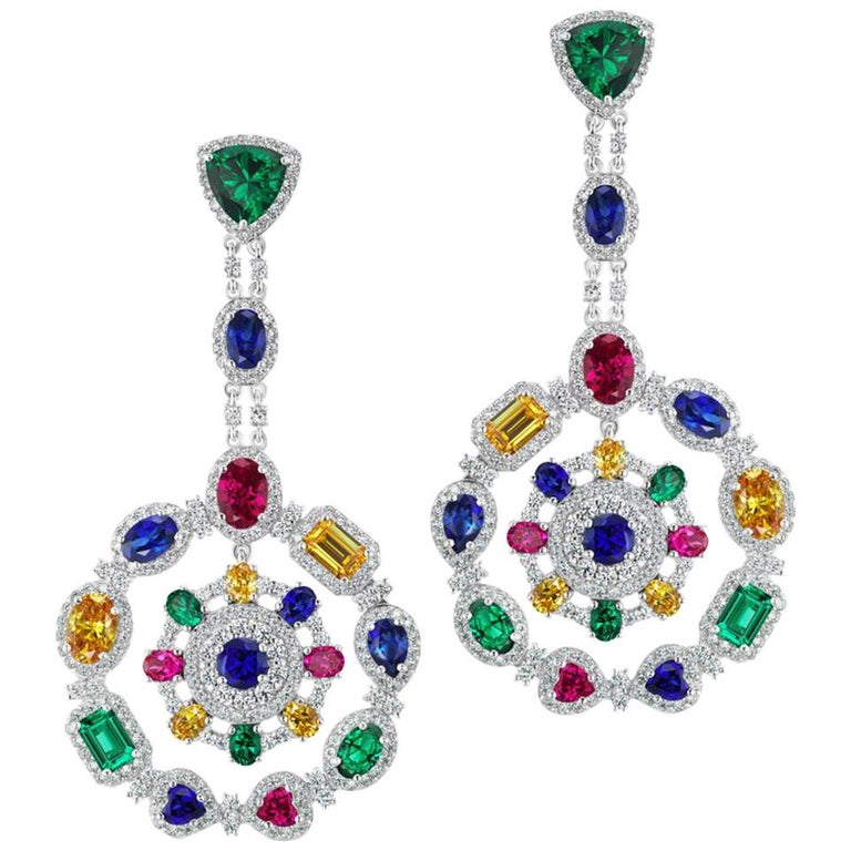 Magnificent Costume Jewelry Multi Color Gem Wreath Circle Chandelier Earrings For Sale at 1stdibs