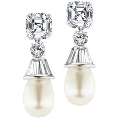Modern Art Deco Style Diamond Pearl Sterling  Drop Earrings