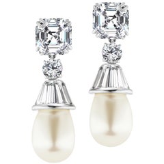 Modern Art Deco Style Diamond Pearl Sterling  Drop Earrings