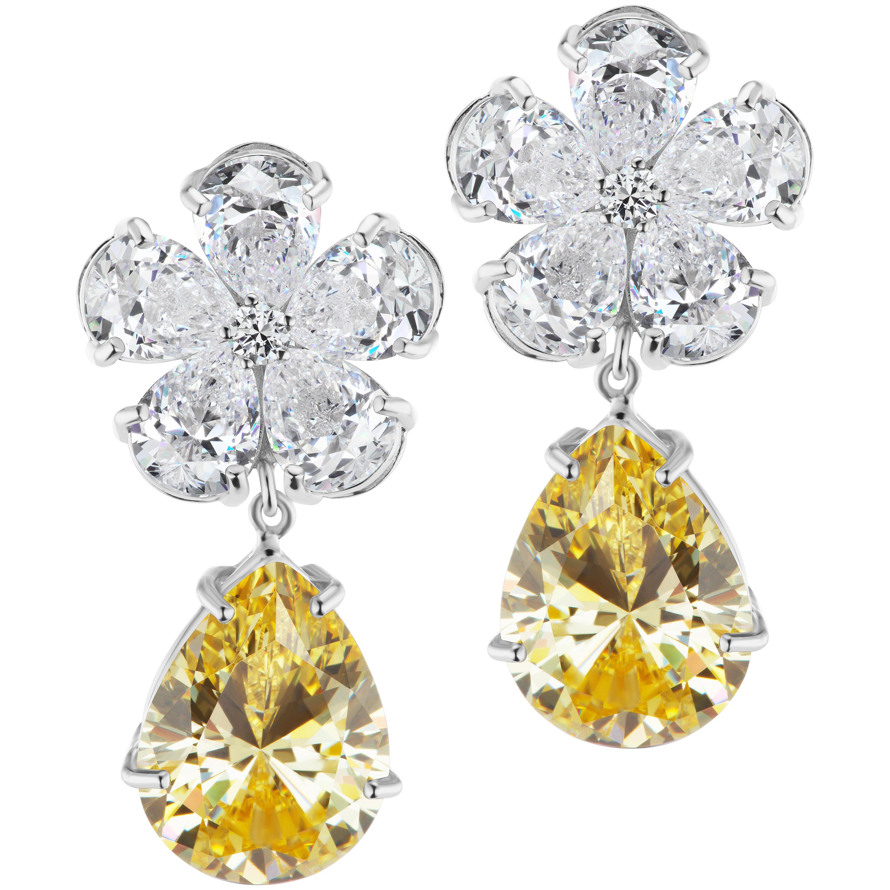 Magnificent Costume Jewelry Diamond Flower Top Yellow Diamond Drop Earclips