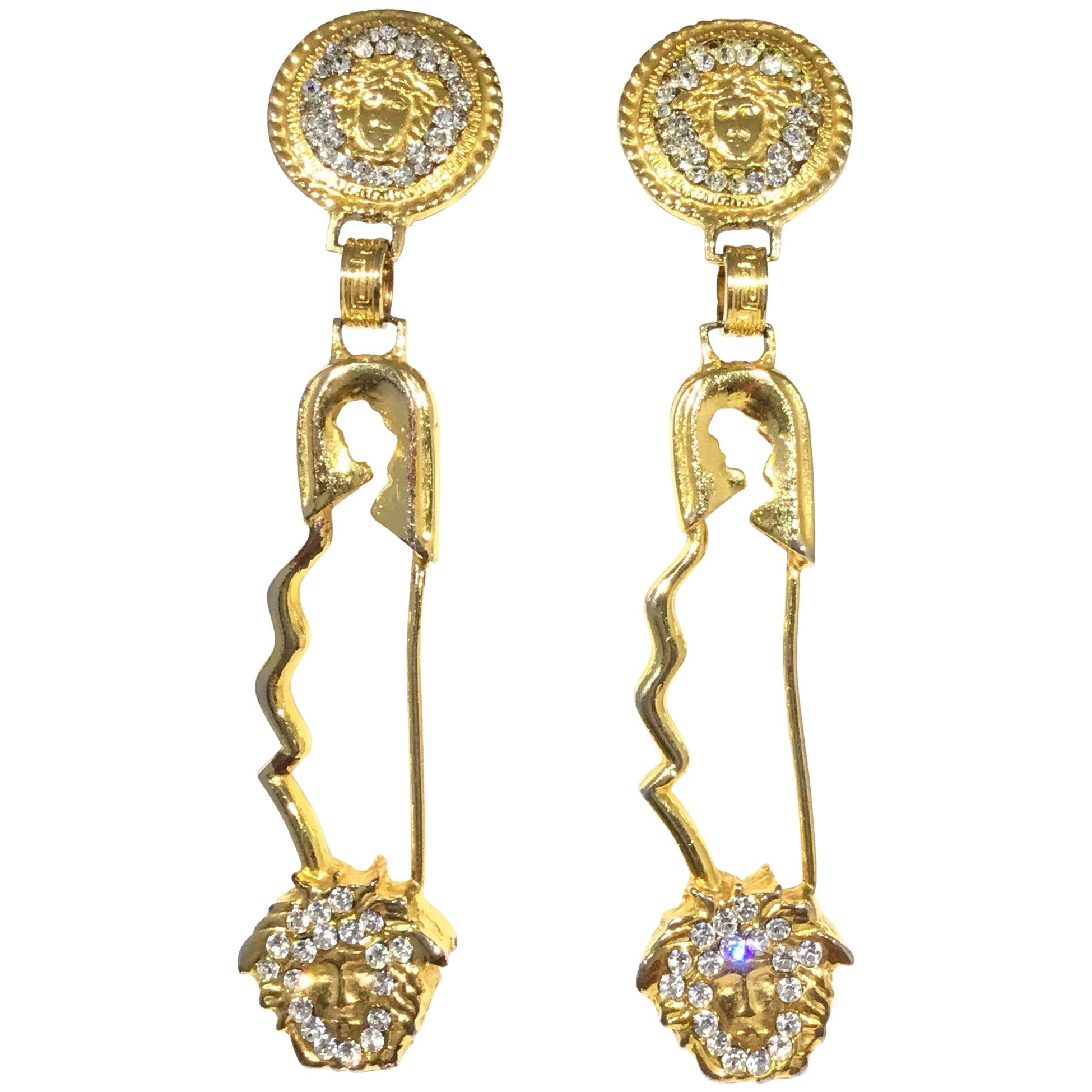 Gianni Versace Iconic XL Safety Pin Medusa Drop Earrings For Sale