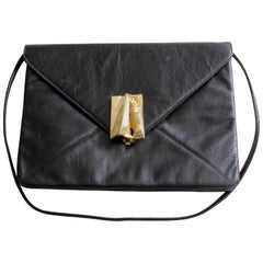 Rosenfeld Black Leather Envelope Clutch/Shoulder Bag with Abstract Clasp, 1960s
