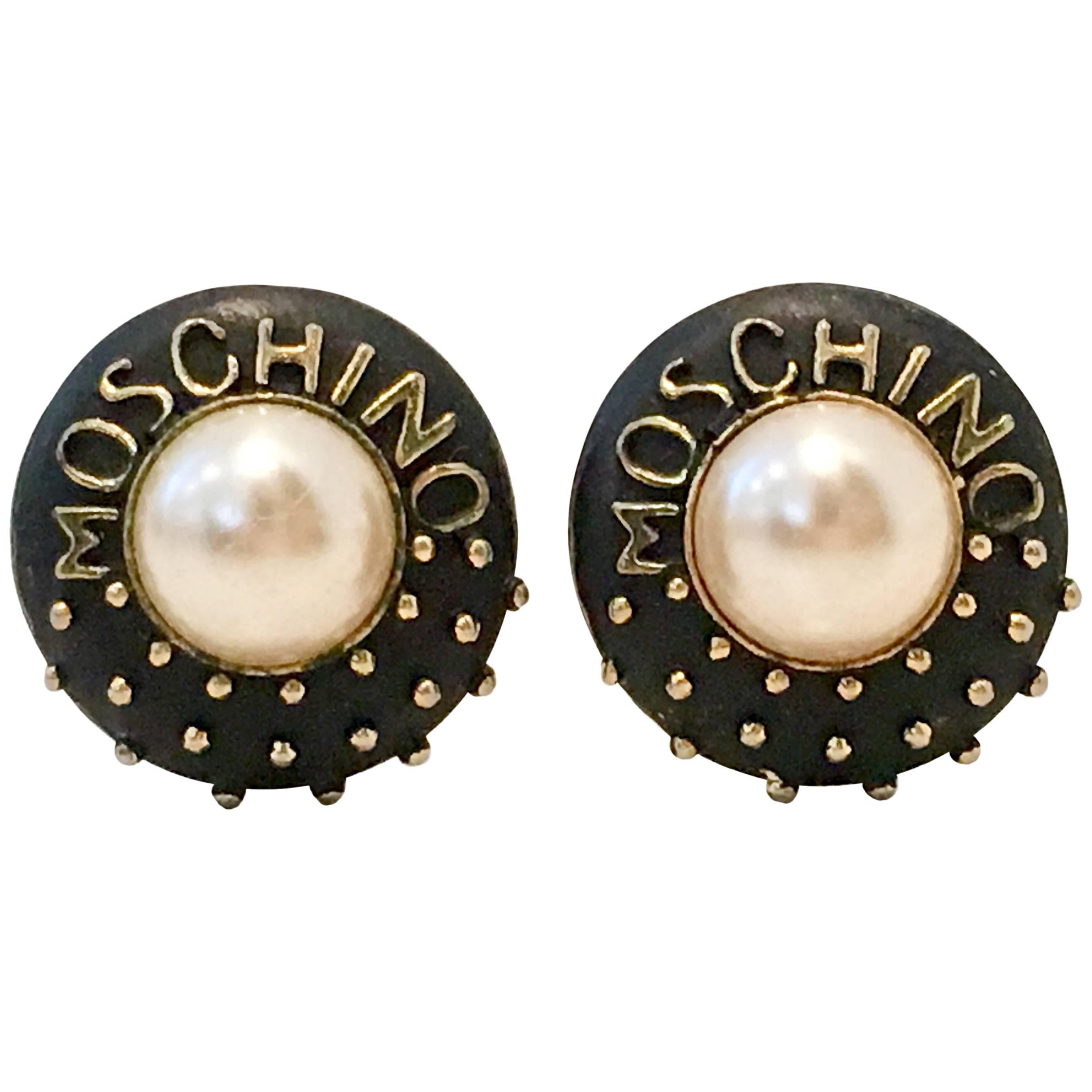 Moschino Gold Plate Faux Pearl & Enamal Stud Logo Earrings