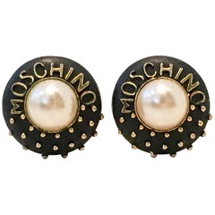 Vintage Moschino Gold Plate Faux Pearl & Enamal Stud Logo Earrings