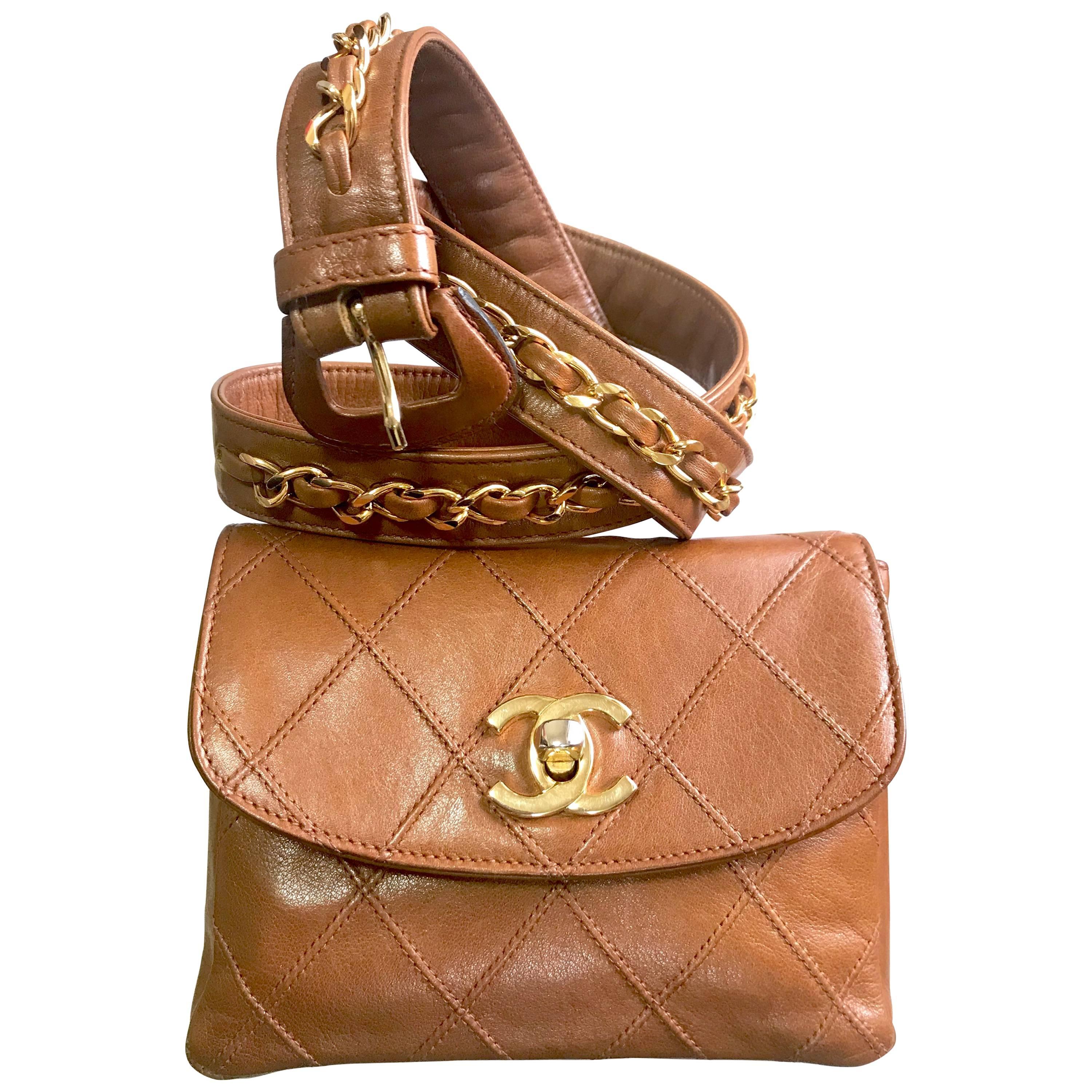 Chanel Vintage brown belt fanny pack hip bag with gold CC motif and chains