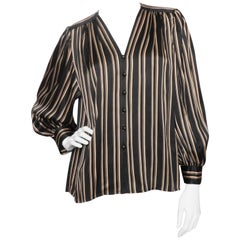 Yves Saint Laurent Vintage Black Silk Blouse with Gold Stripes, 1980s