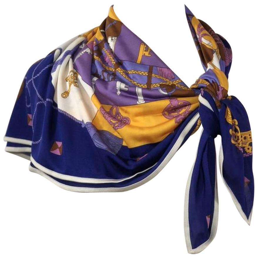 Hermes 100% Silk Jersey Knit Scarf Tours De Cles in Purple For Sale