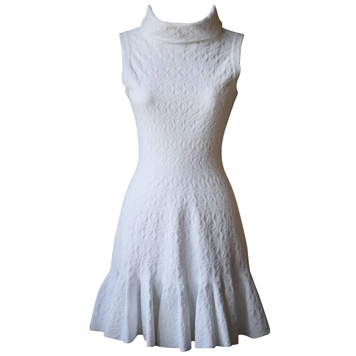 Azzedine Alaia White Patterned Roll-Neck Dress