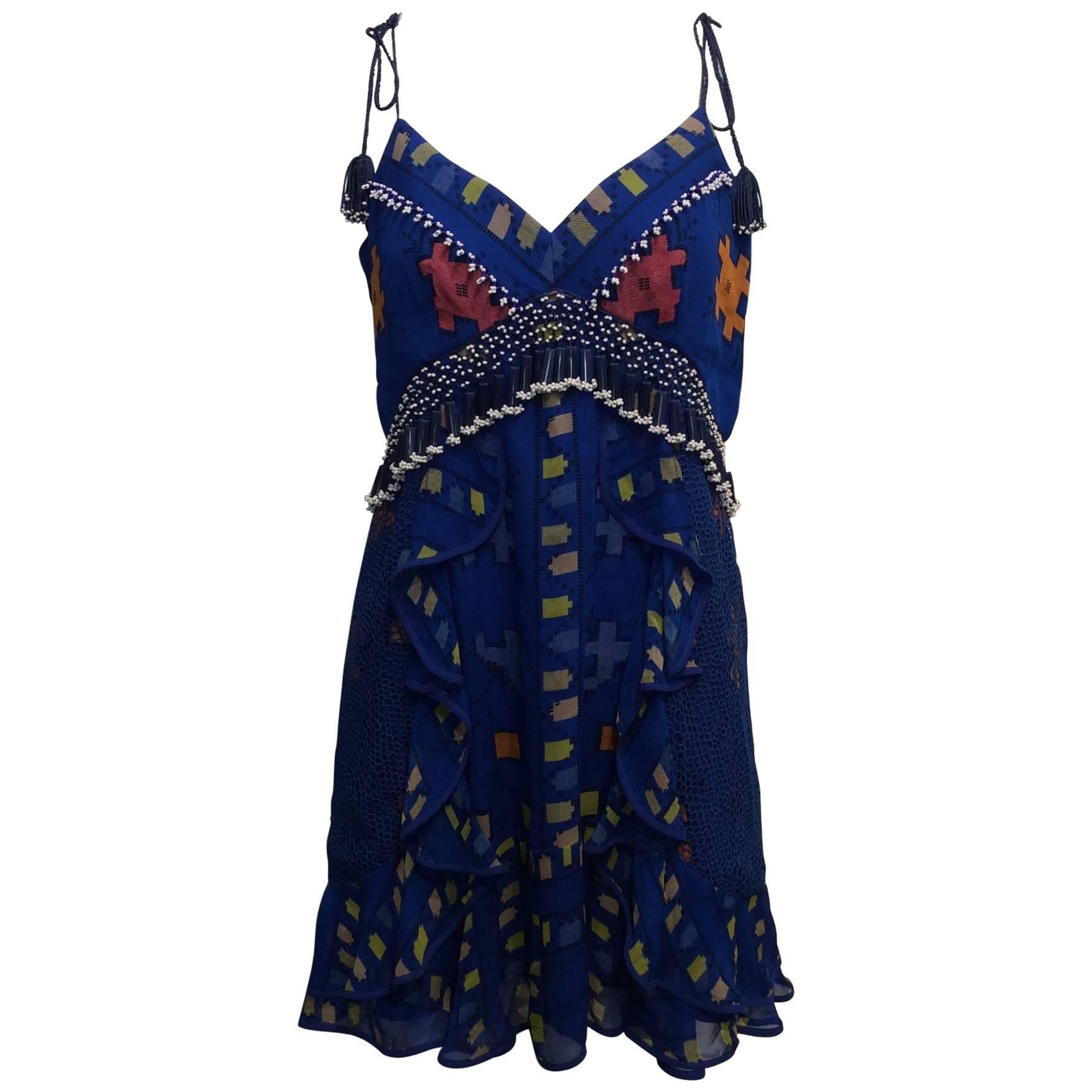 Zeynep Tosun Royal Blue Sleeveless Dress w/ Multicolor Tribal Pattern, Beads Sz2