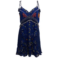 Zeynep Tosun Royal Blue Sleeveless Dress w/ Multicolor Tribal Pattern, Beads Sz2