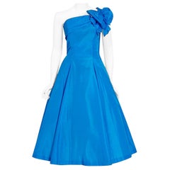 Vintage 1950's Royal Blue Taffeta One-Shoulder Asymmetric Bow Circle Skirt Dress