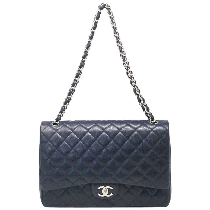 Chanel Navy Blue Caviar Maxi Double Flap Handbag No. 18 SHW