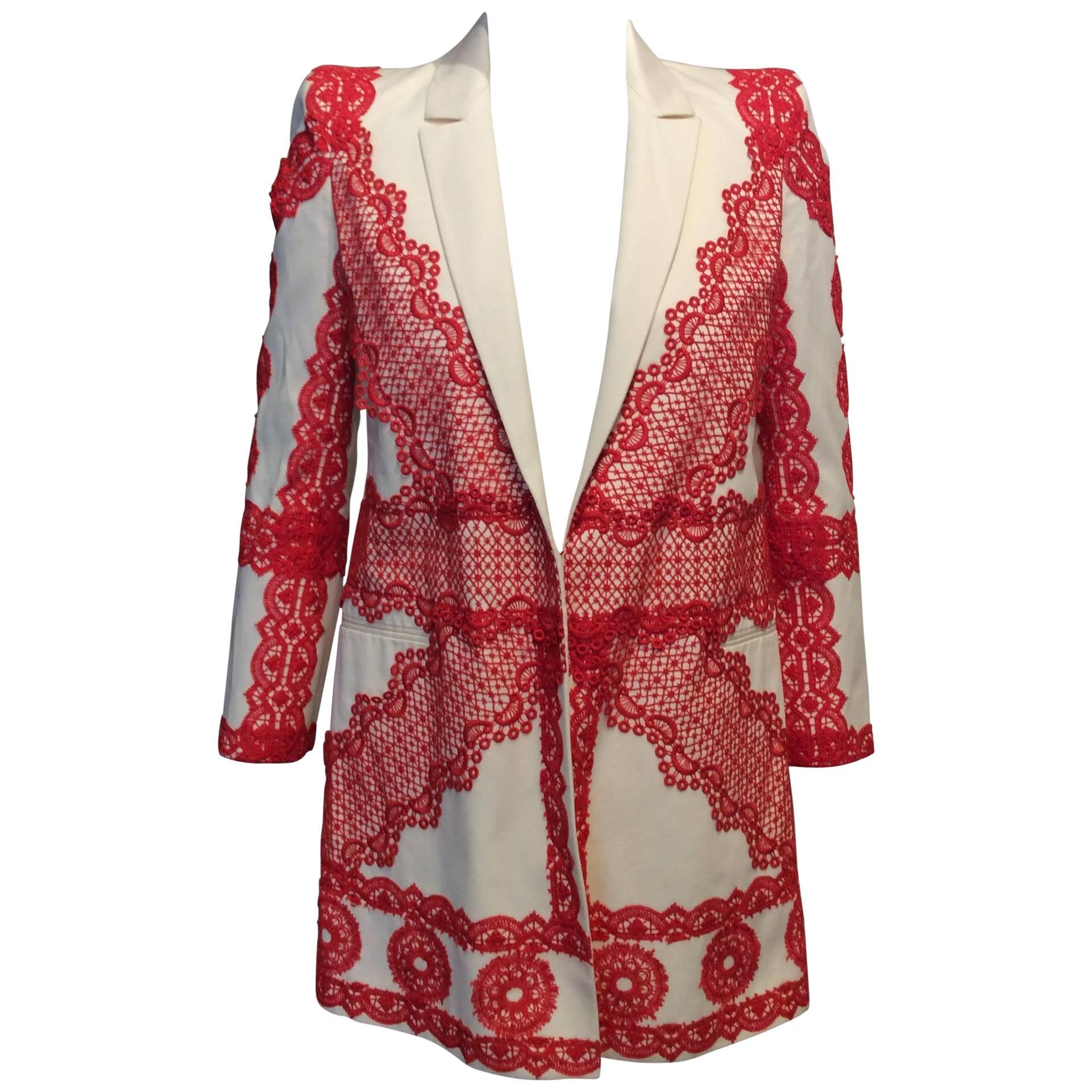 Givenchy Ivory Cotton Jacket with Deep Coral Lace Stitching Sz Fr34/Us2 For Sale