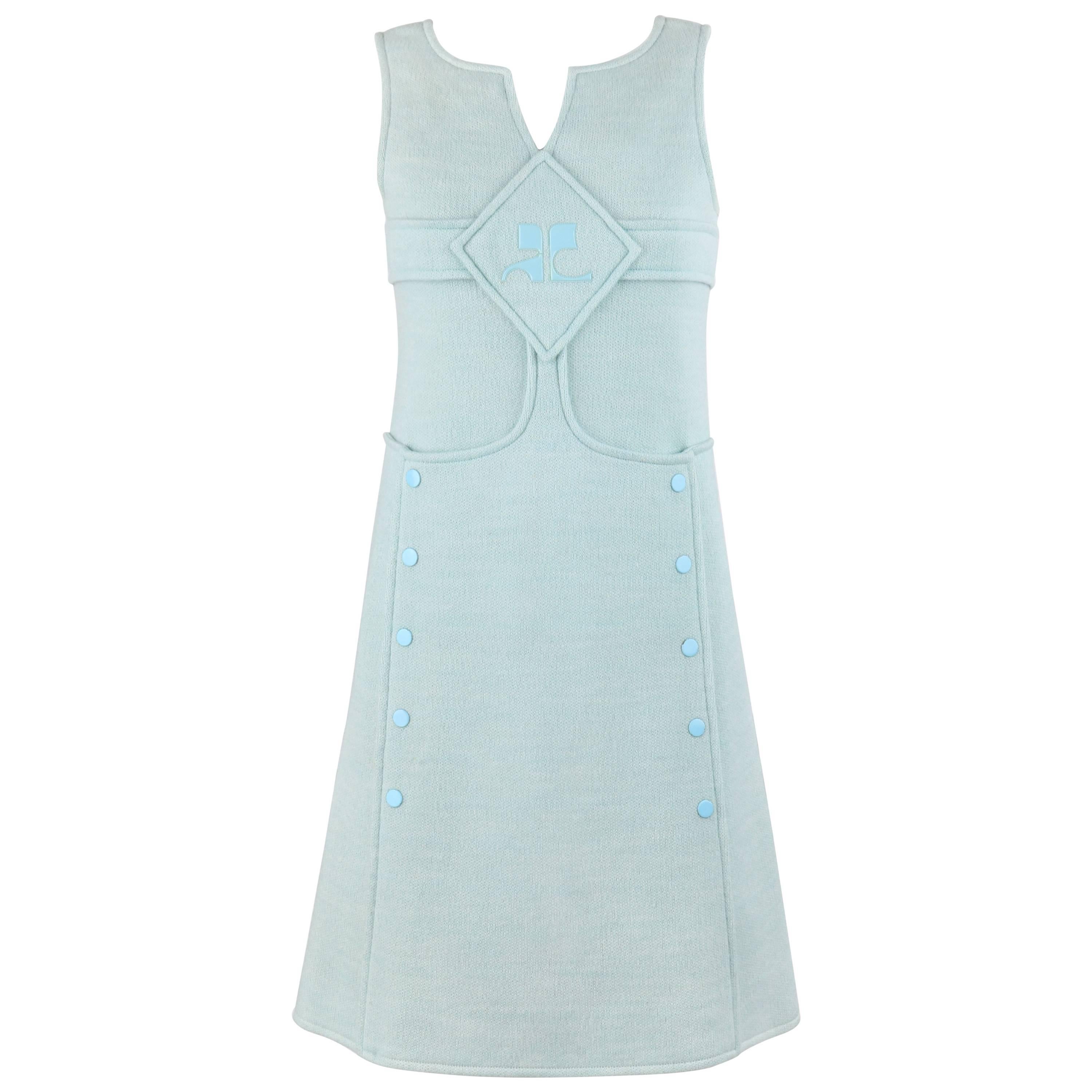 COURREGES Hyperbole c.1970s Sky Blue Wool Sleeveless Siganture Logo A-Line Dress For Sale