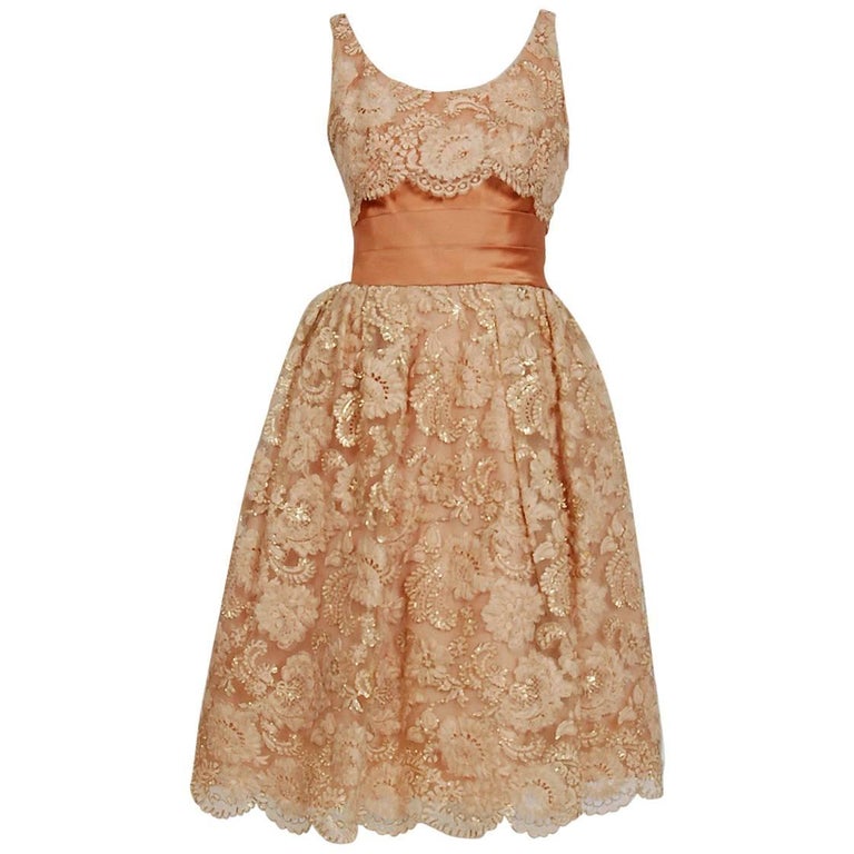 1950's Rudolf Couture Metallic Peach Lace and Satin Scalloped Full