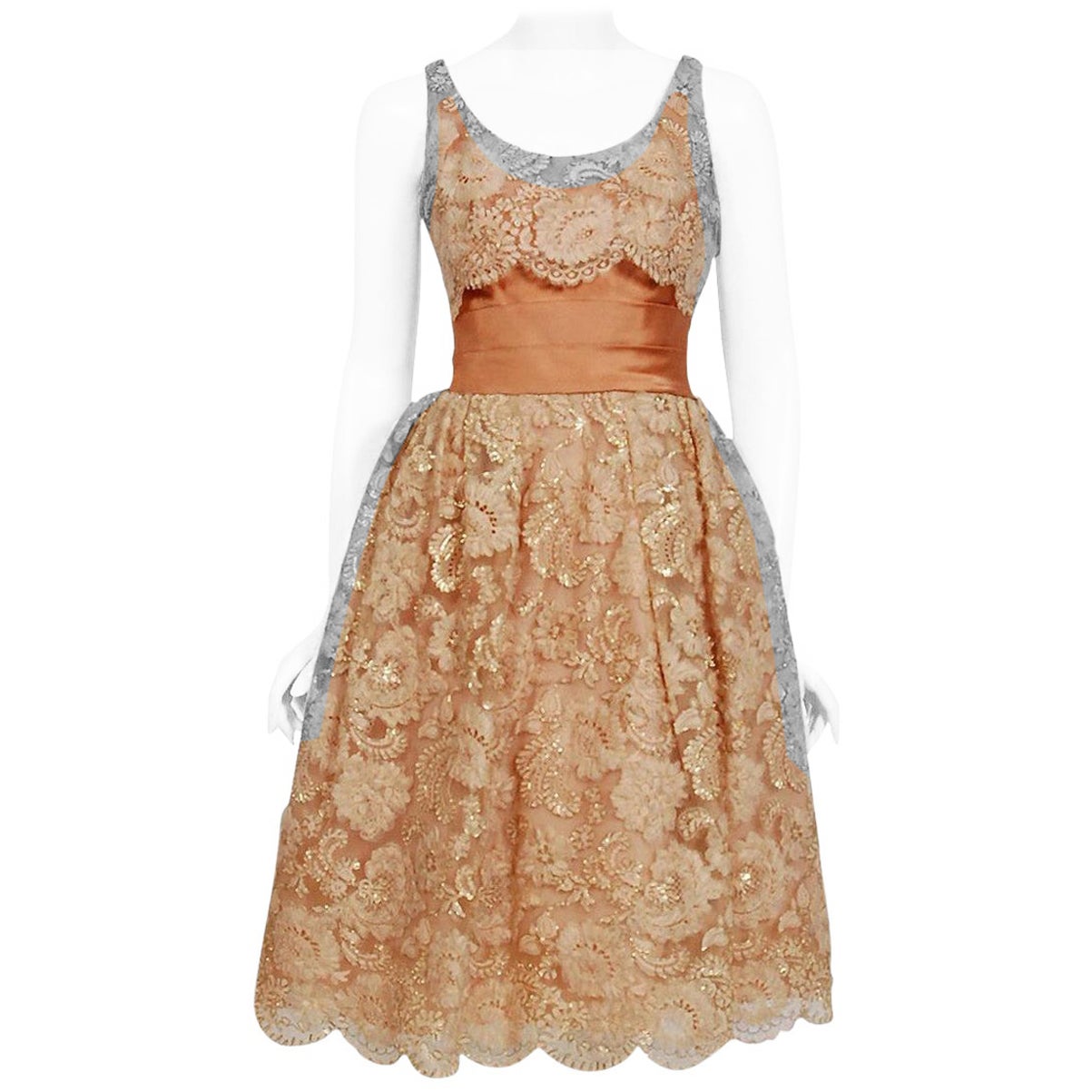 Vintage 1950's Rudolf Couture Metallic Peach Lace & Satin Scalloped Party Dress For Sale