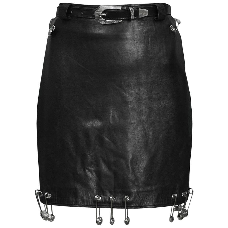 Vintage Gianni Versace 1994 Safety Pin Leather Mini Skirt 