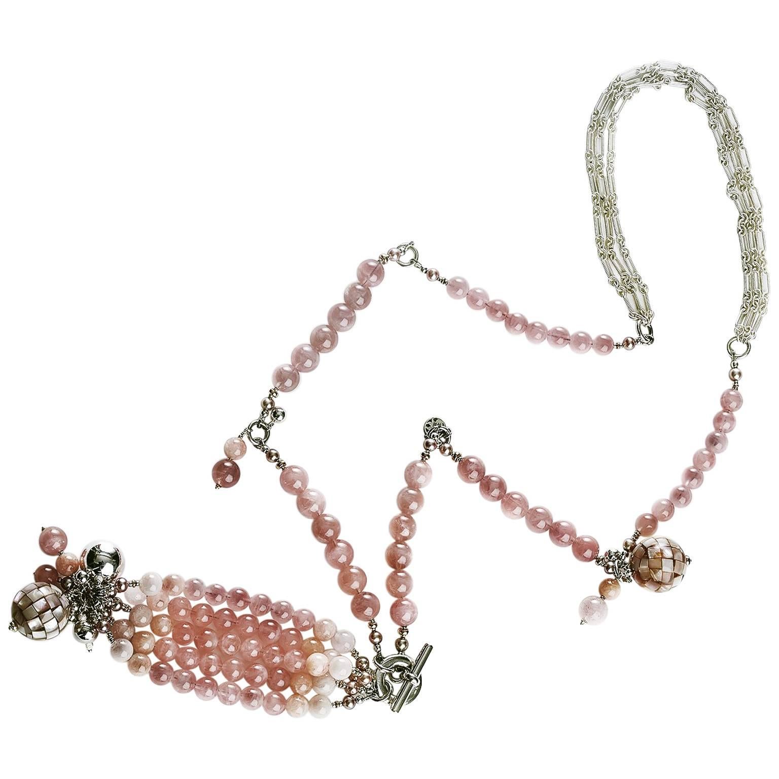 Rock Lily ( NEW )Madagascar Rose Quartz Morganite Tasseled Necklace 14K & Silver For Sale