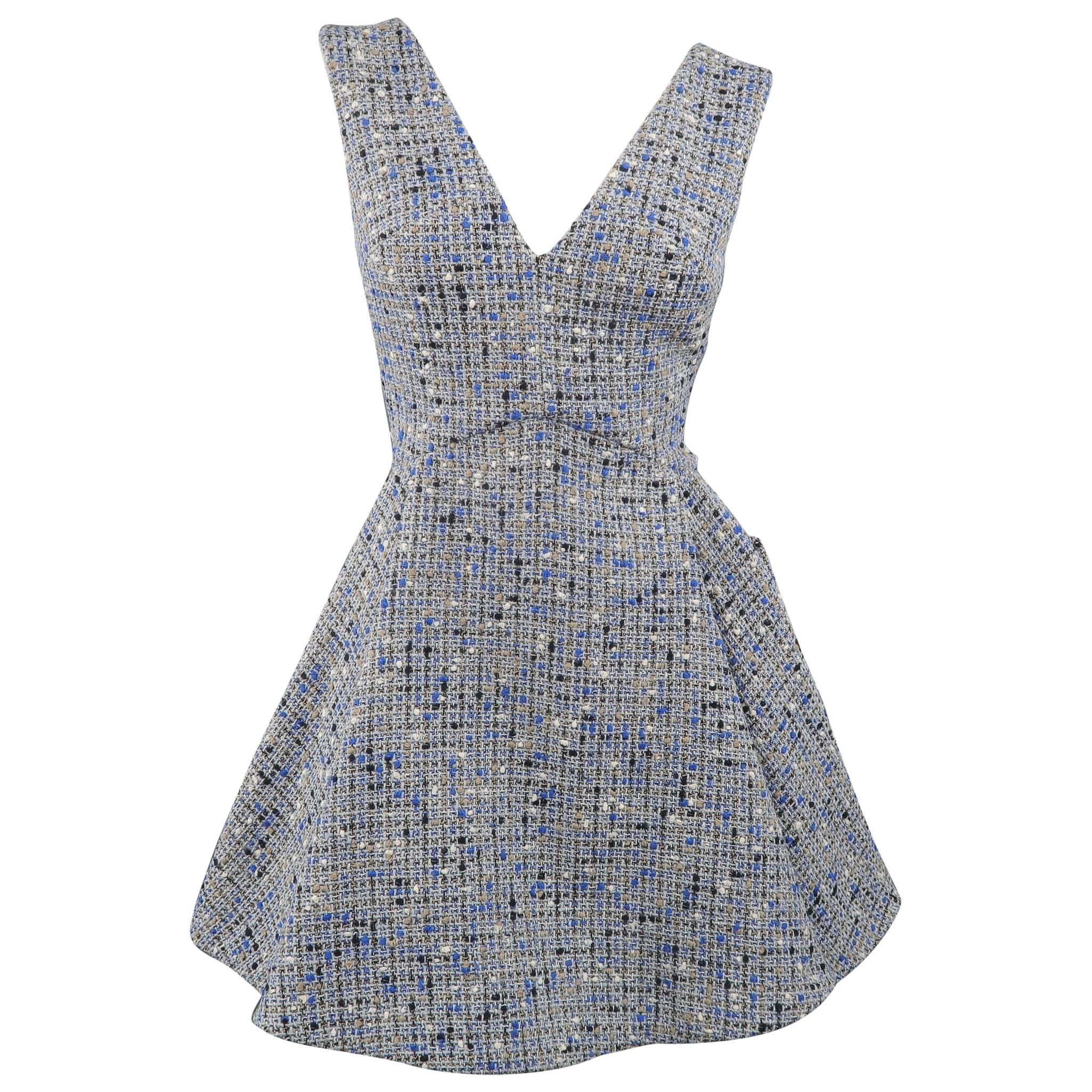 Christian Dior Blue Wool Blend Tweed V Neck Pleated Skirt Cocktail Dress