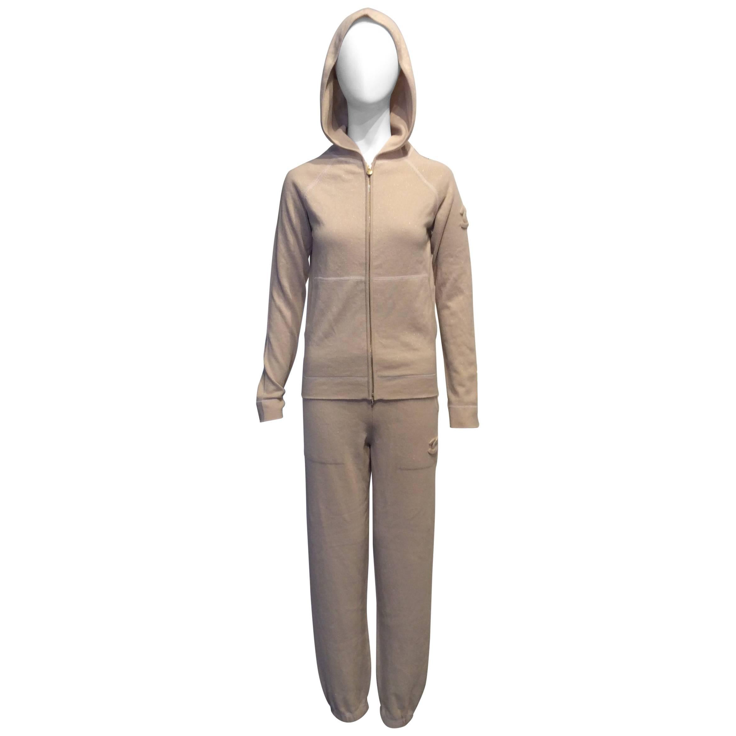 Chanel Gold and Beige Long Sleeve Hooded Cashmere Tracksuit Sz Fr34, US2