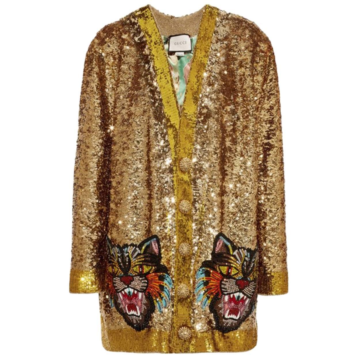 Gucci Gold Sequin Silk Rhinestone Tiger Pocket Cardigan Jacket