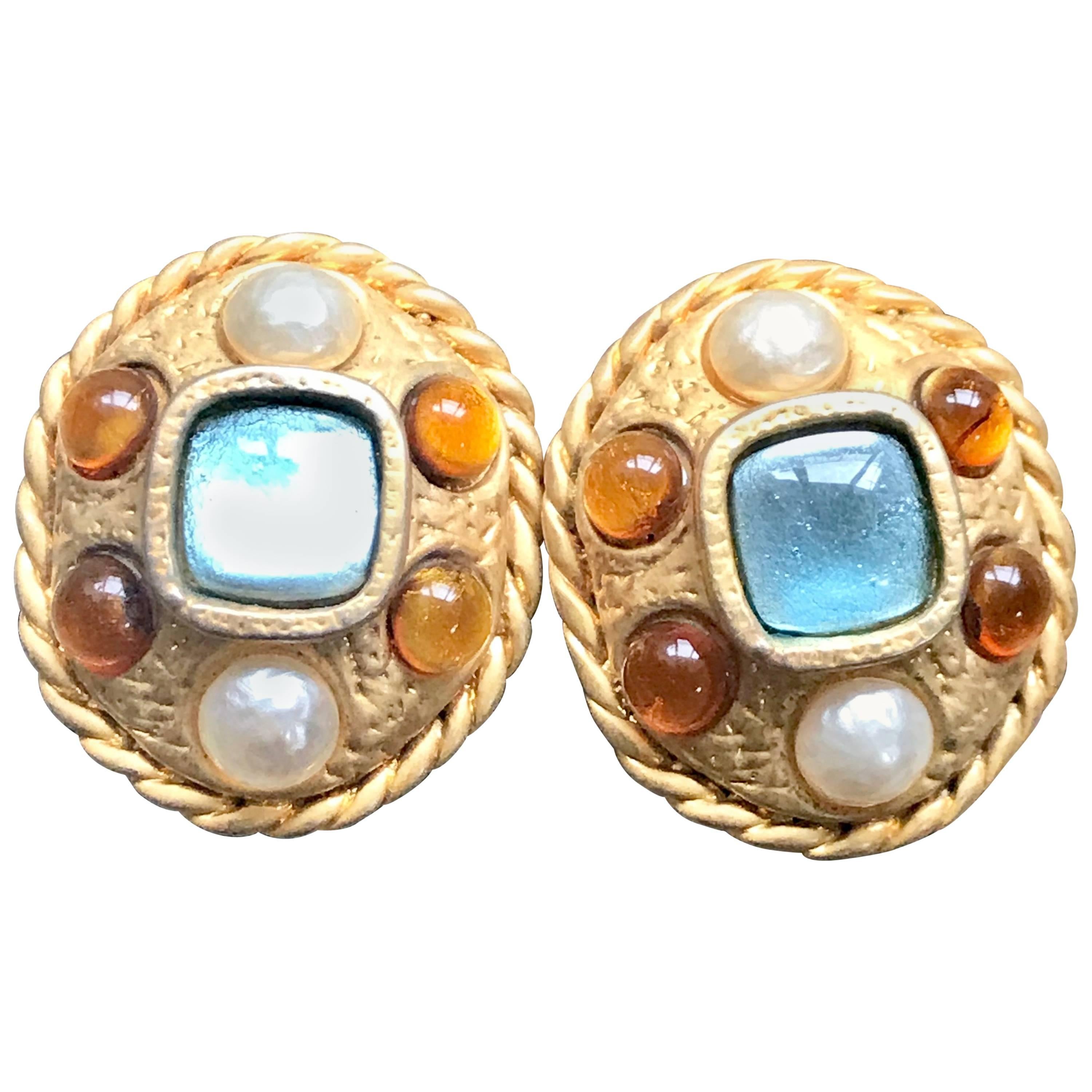 Vintage CHANEL golden oval faux pearl, blue and orange gripoix large earrings. For Sale