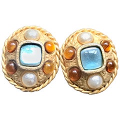 Vintage CHANEL golden oval faux pearl, blue and orange gripoix large earrings.