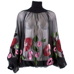Christian Dior Sheer Floral Applique Silk Blouse US Size 8