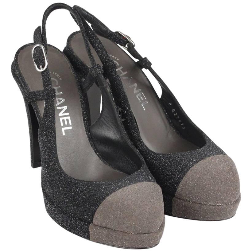 Chanel Gray Two Tone Glitter Cap Toe Slingback Pumps Heels Size 36C