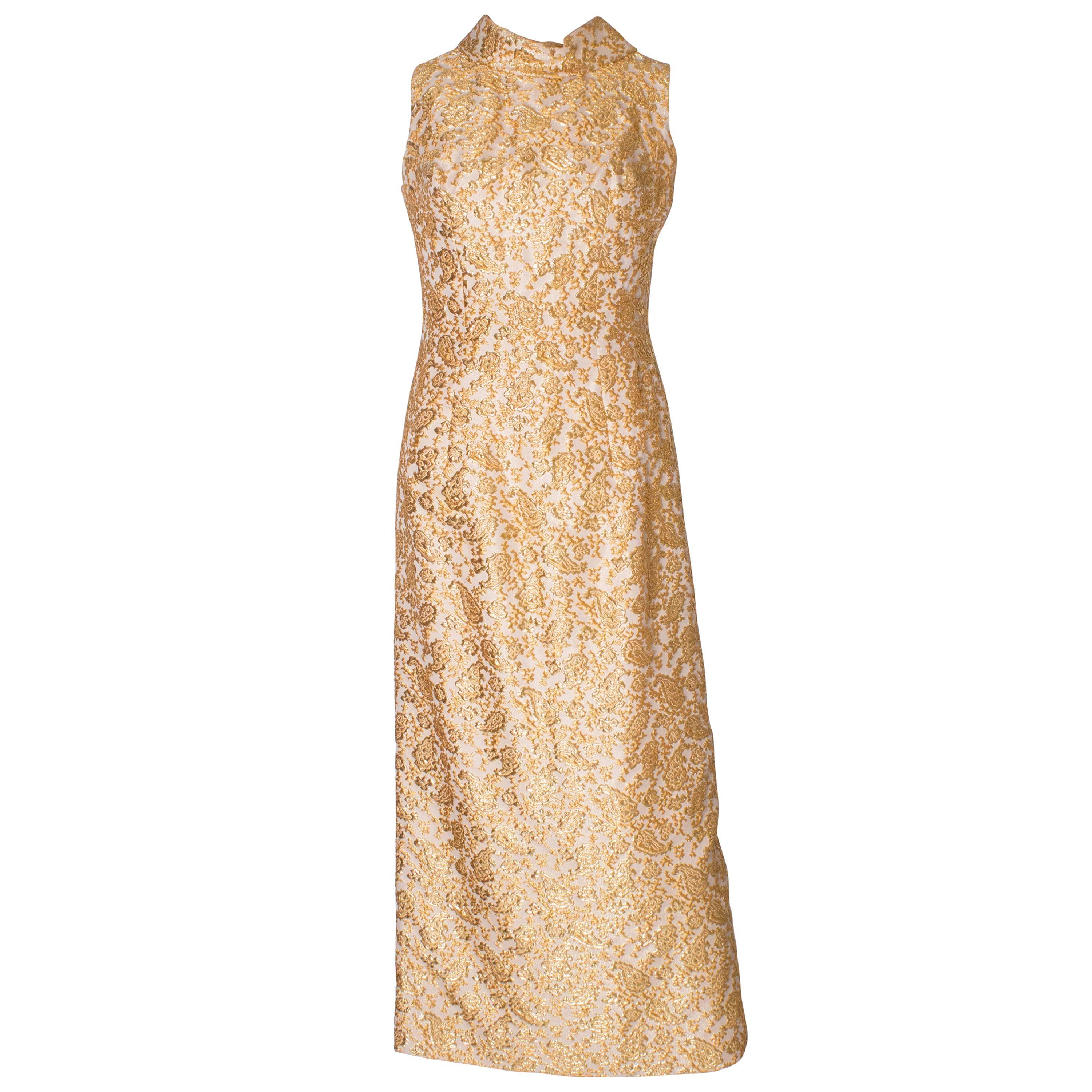 A Vintage 1960s Gold brocade high neck Evening Gown