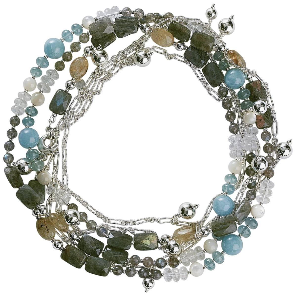 Rock Lily ( NEW ) Beaded Aquamarine Rutile Multicolored Re-Attachable Necklace For Sale