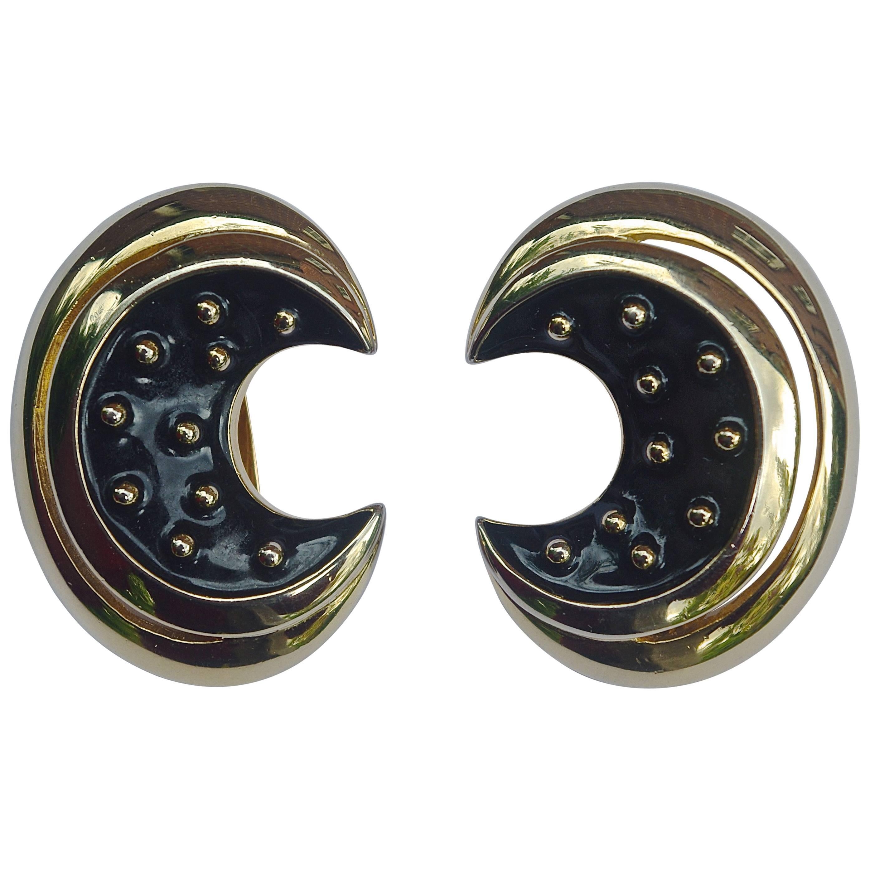 Courrèges Paris Gold Plated and Black Enamel Clip On Earrings For Sale