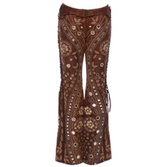  Christian Dior by John Galliano Brown Leather Embellished Pants w Lace Up Sides