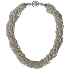 Vintage Twelve Strand Glass Pearl Necklace with a Gold Tone and Pearl Clasp