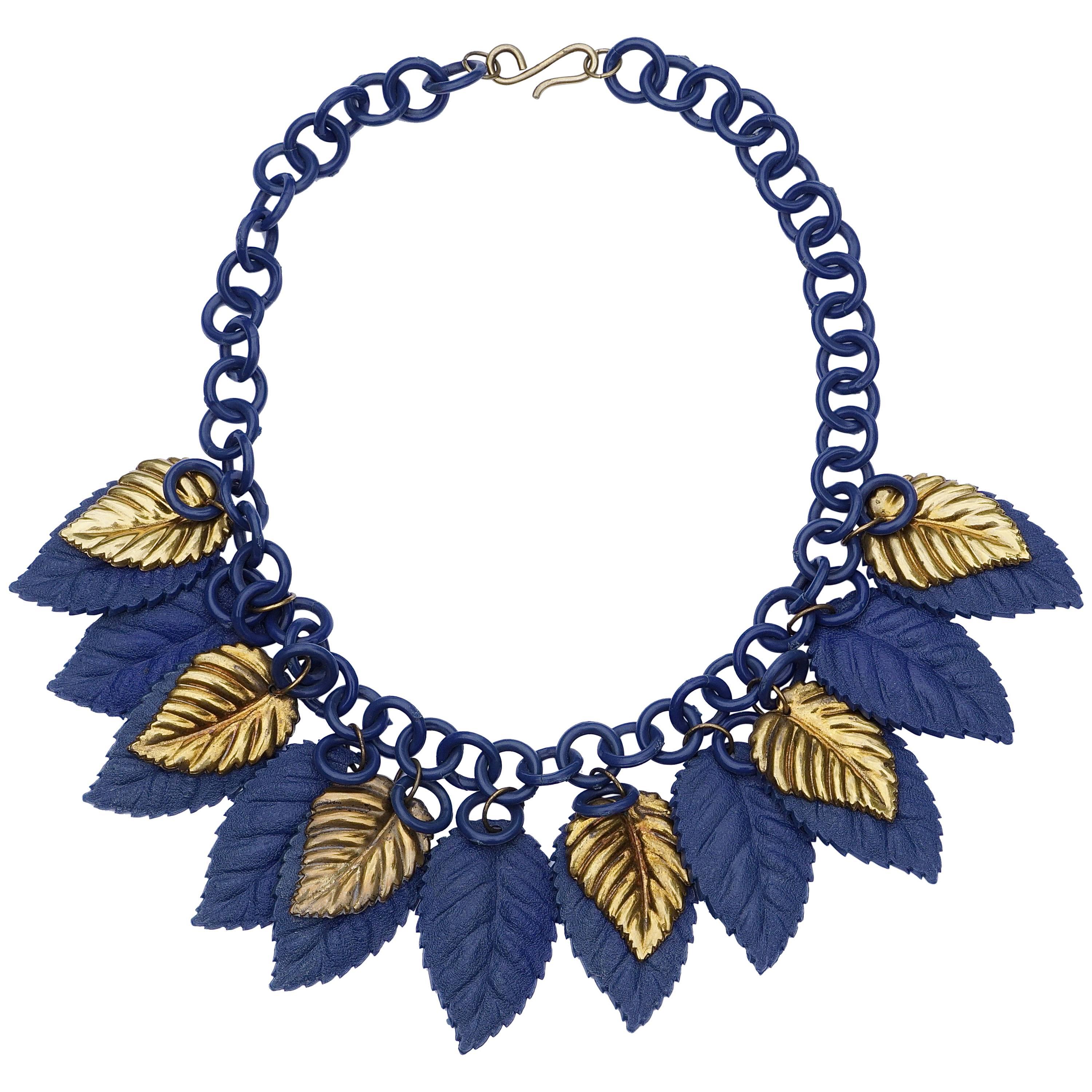 Blue Celluloid and Gold Tone Metal Leaf Necklace circa 1930s For Sale