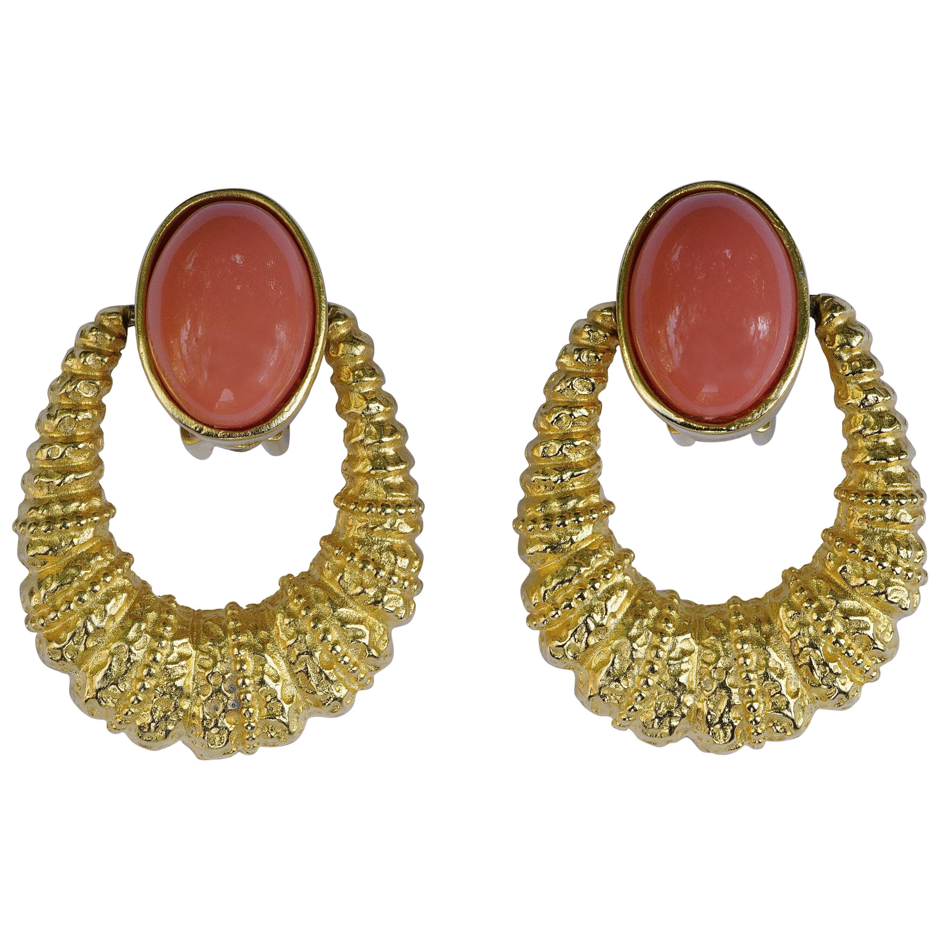 Kenneth Jay Lane 1980s Gold Tone and Faux Coral Hoop Clip On Earrings