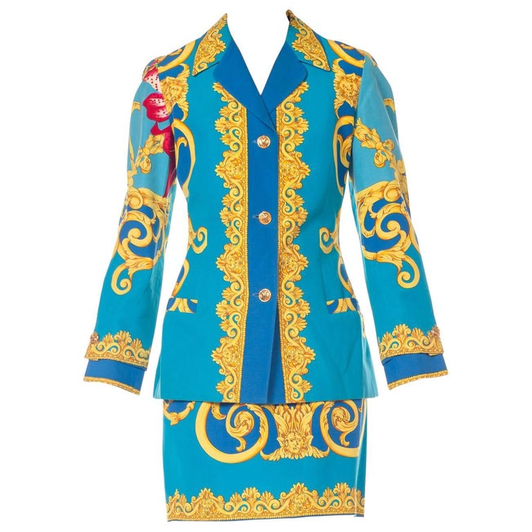 1990S GIANNI VERSACE Istante Cotton Baroque Floral Printed Skirt Suit